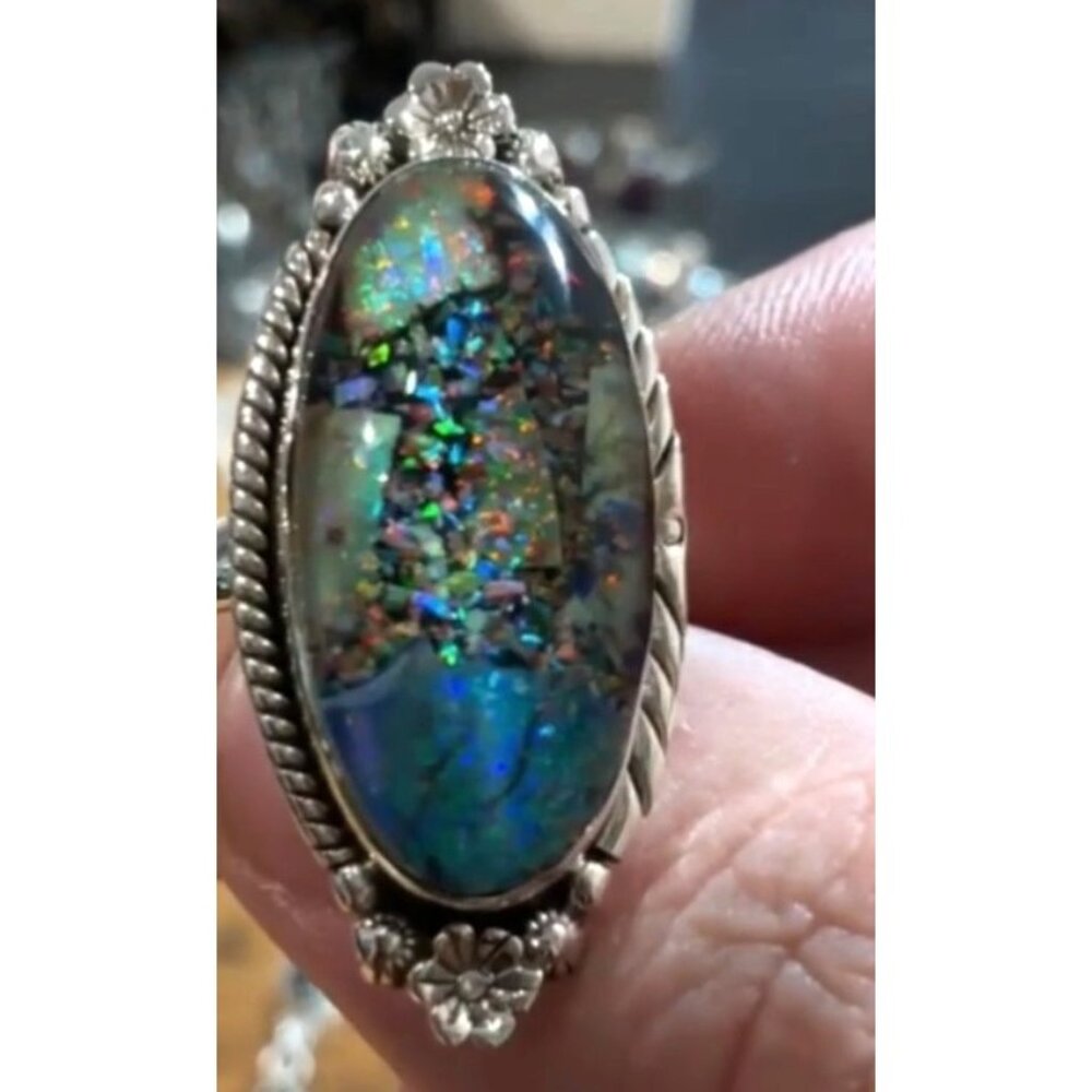 Galaxy Opal Sterling Silver Ring Size 8 Closed Back - Picture 2 of 7